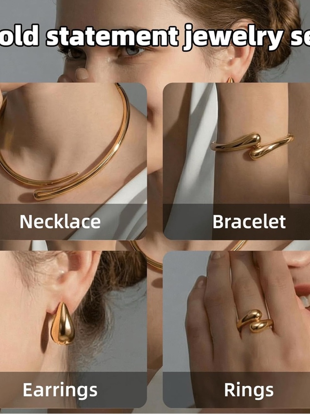 14K Gold Plated Sculptural Necklace, Bracelet, Ring and Earring Set - Picture 3 of 6